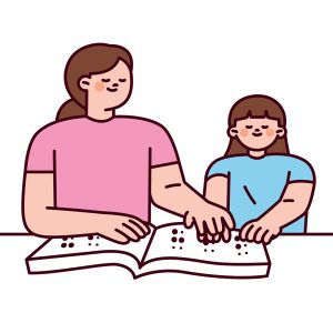 A cartoon of an adult woman guiding a young girl’s hands over braille